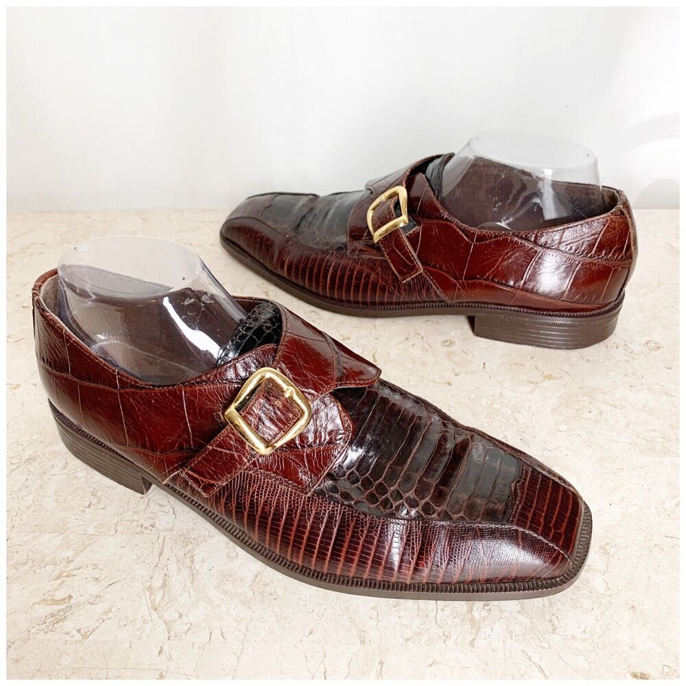 Stacy Adams Monk Strap Mens Dress Shoes Size 9 Genuine Snakeskin Brown Leather - Picture 7 of 12